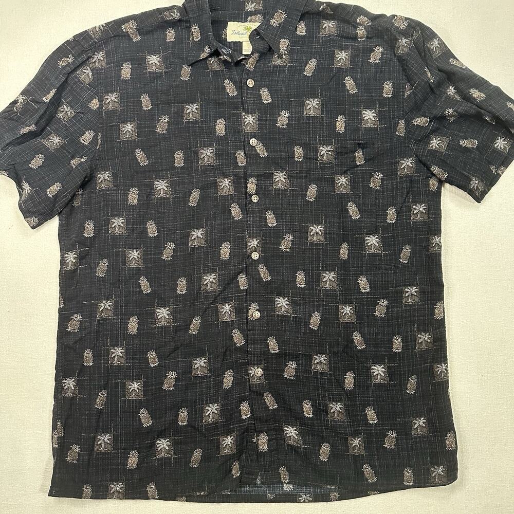 Island Shores Button-Up Short Sleeve Shirt Black Palms Pineapples Size Large‎